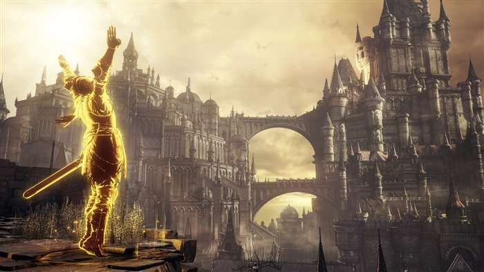 Golden knight in front of a castle