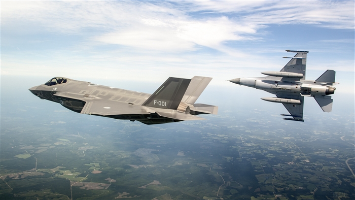 F-35 and F-16 fighter jets in flight