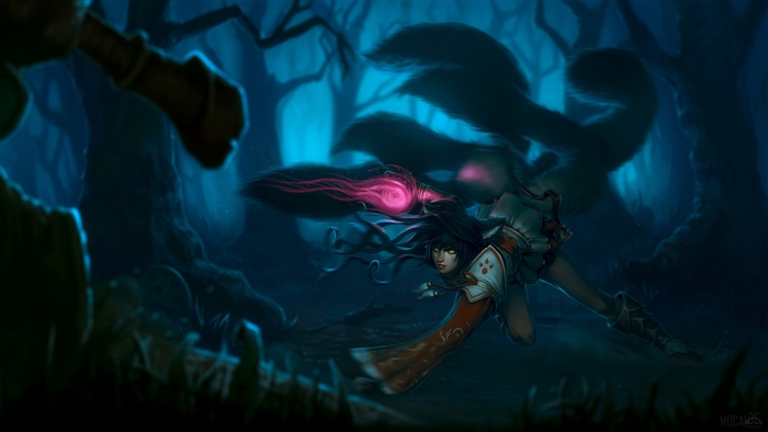 Ahri from League of Legends in a dark forest