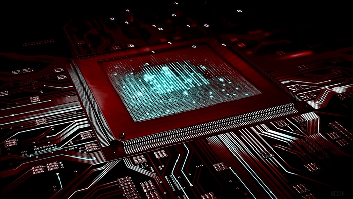 Close-up of a computer processor on a circuit board with binary code