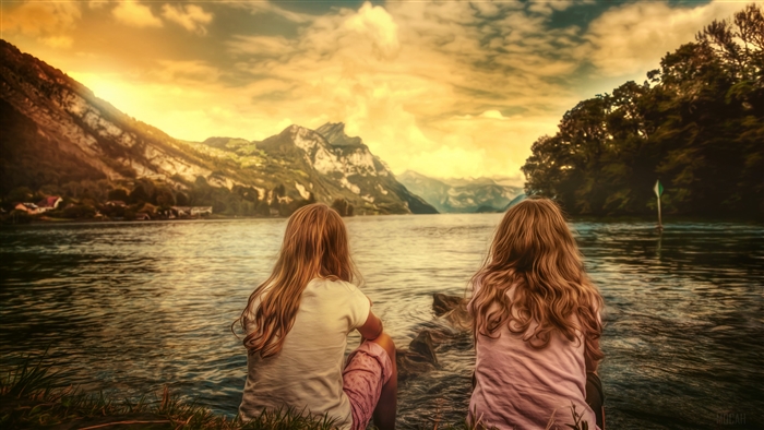 Two girls by a lake with mountains in Switzerland 4K