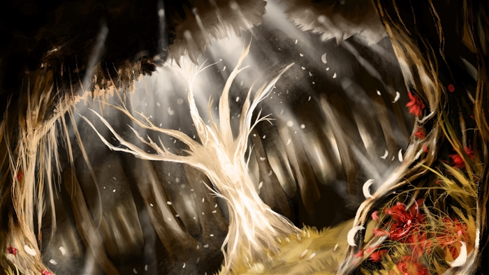 Fantasy forest with sunbeams and a glowing tree