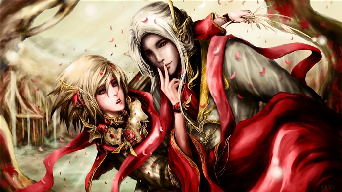 Fantasy Elves in Red Robes with Falling Petals 4K