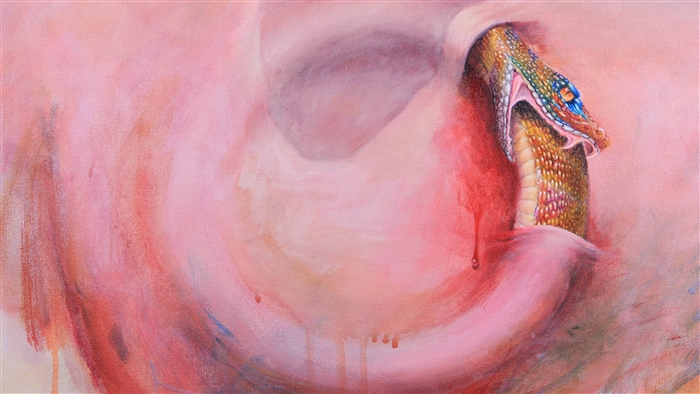 Snake emerging from pink abstract form with blood