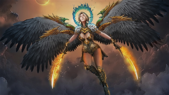 Angel with flaming swords and wings