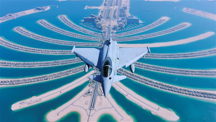 Eurofighter Typhoon flying over Palm Jumeirah, Dubai 4K