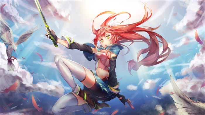Girl with sword and birds in the sky 4K