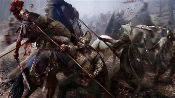 Battle scene with Roman soldiers and barbarians
