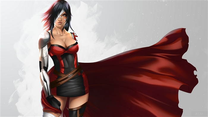 Woman with cybernetic arm and red cape