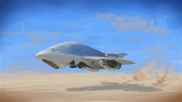 Futuristic hovercraft flying over a desert