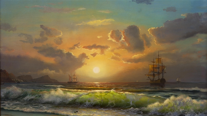 Sunset Over Calm Sea with Sailing Ships 4K