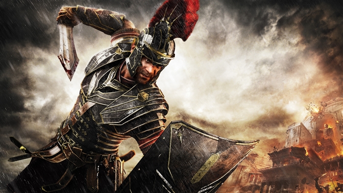 Roman soldier with sword and shield in battle