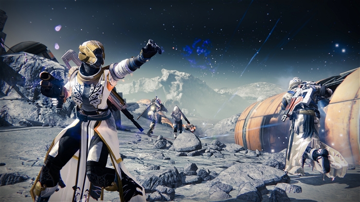 Guardians from Destiny in a rocky, alien landscape