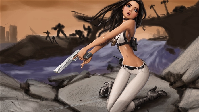 Woman with gun in post-apocalyptic setting