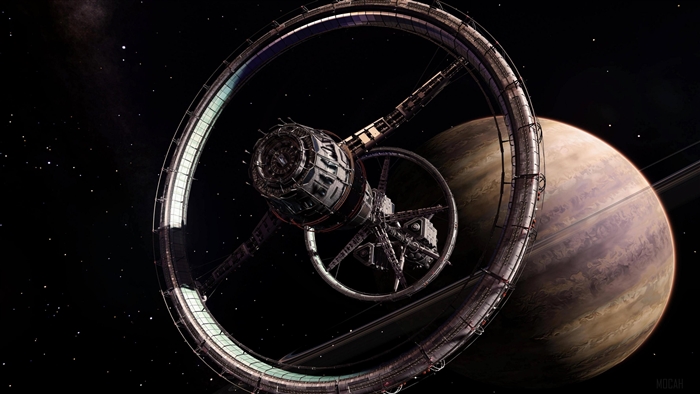 Space station orbiting a ringed planet in Elite: Dangerous 4K