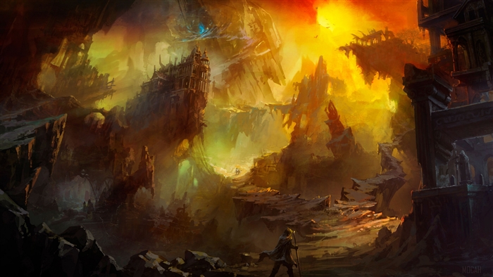 Fantasy landscape with ruins and figures