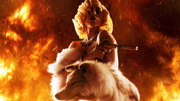 Lady Gaga with a wolf and a gun