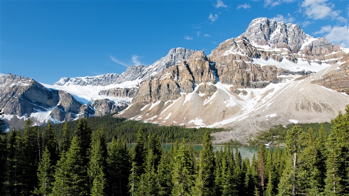 Snow-capped mountains and pine forest with lake