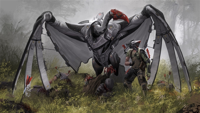 Mechanical Vulture Creature and Soldier in Forest