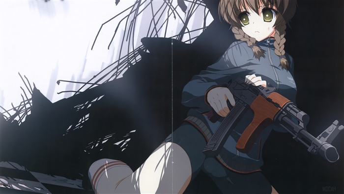 Girl with AK-47 in destroyed area
