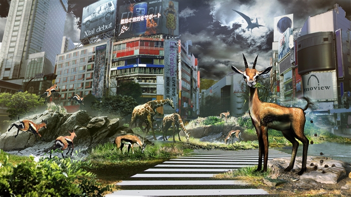 Gazelle and Giraffes in a Cityscape
