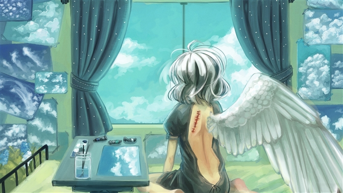 Angel with scar looking out window