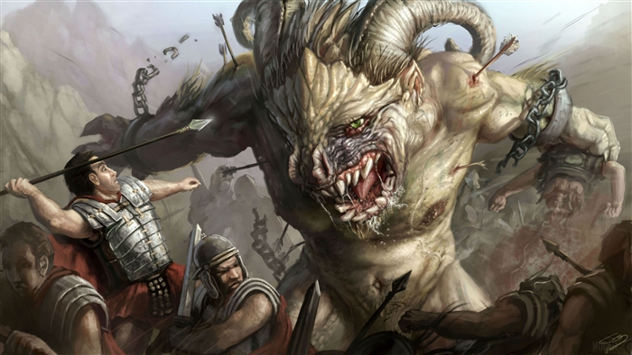 Giant monster battle with Roman soldiers