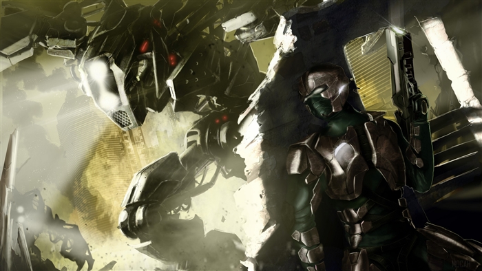 Robot and soldier in destroyed city