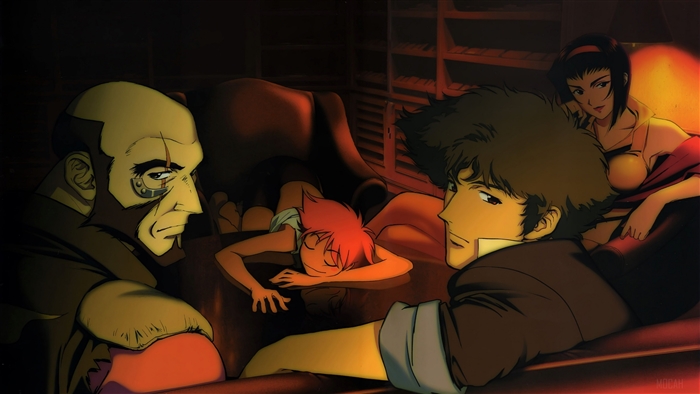 Cowboy Bebop characters in a dimly lit room