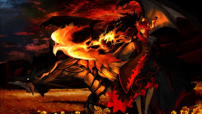 Anime girl with dragon breathing fire