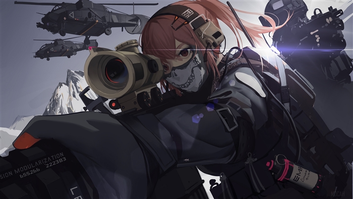 Anime girl with sniper rifle and helicopters