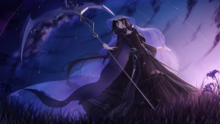 Anime girl with scythe under starry sky