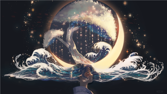Girl with flowing hair and ocean waves under a crescent moon with a tree