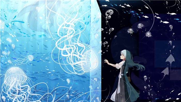 Anime girl in underwater world with jellyfish and fish