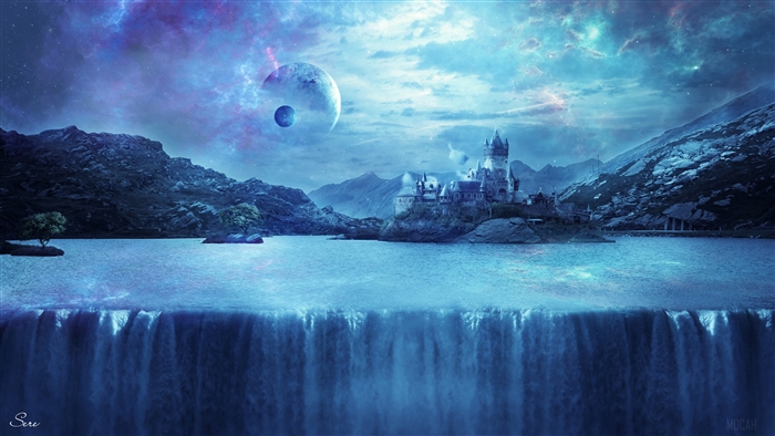 Fantasy Castle Landscape Waterfall 4K