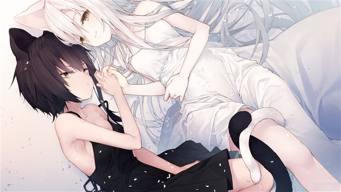 Two anime girls with animal ears and tails holding hands