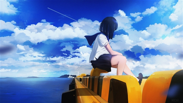 Girl in Uniform Sitting on Pier Under Blue Sky 4K