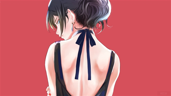 Woman in black dress with blue ribbon