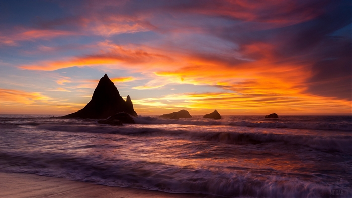 Sunset over the rocky coast with waves