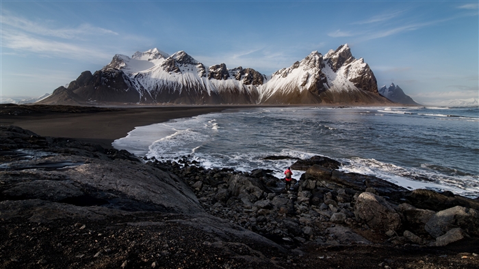 Icelandic Rocky Beach with Snow-Capped Mountains 4K
