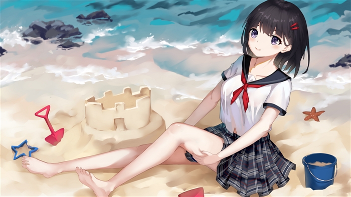 Girl in School Uniform Relaxing on Beach 4K