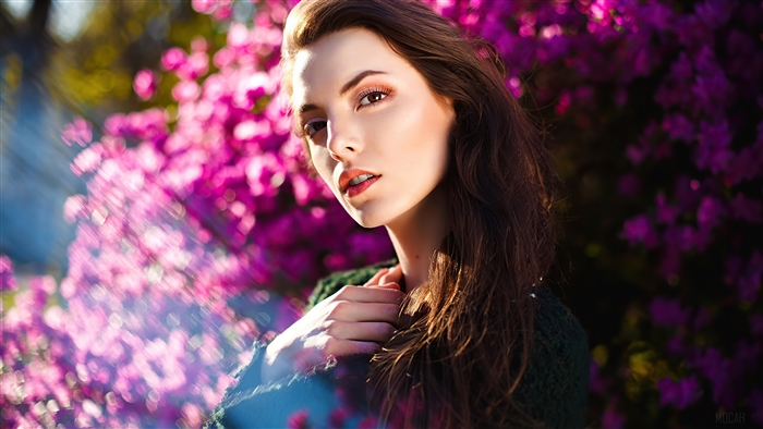 Brunette Woman with Brown Eyes and Pink Flowers 4K