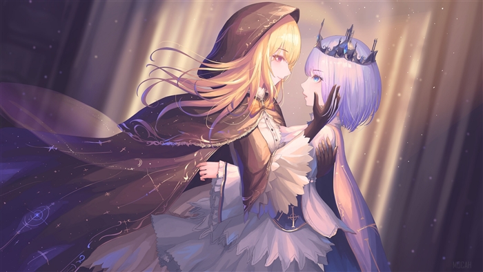 Two anime girls in fantasy attire