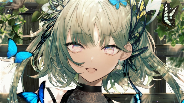4K Artwork of Girl with Short Hair and Butterflies