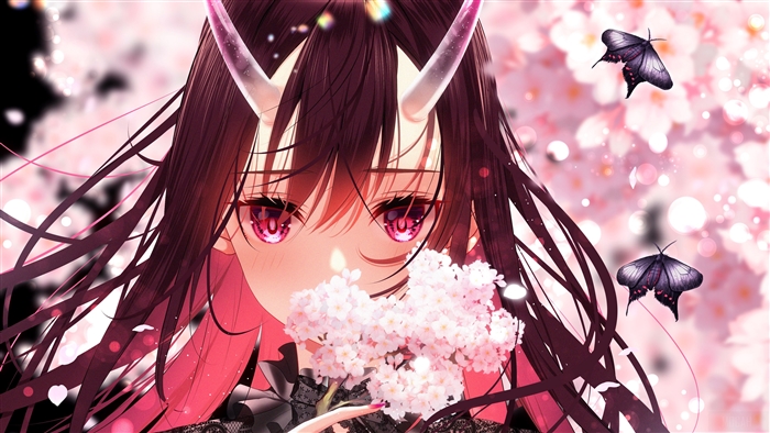 Anime girl with horns and cherry blossoms 4K