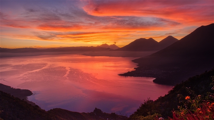 Lake Atitlan at Sunrise with Volcanoes