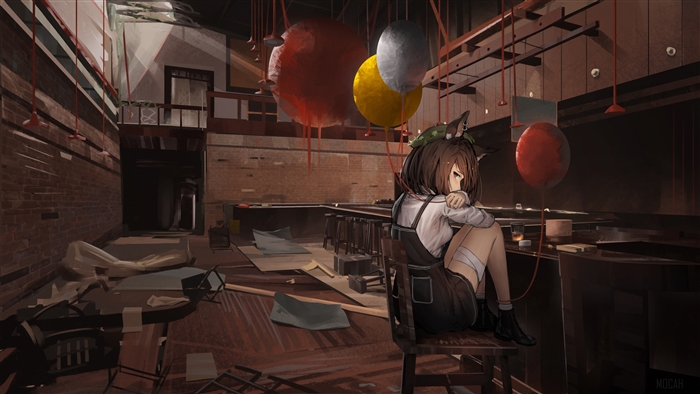 Chen from Arknights in a ruined room with balloons