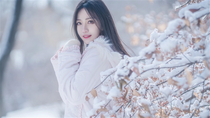 Girl in White Winter Coat in Snowy Landscape 4K