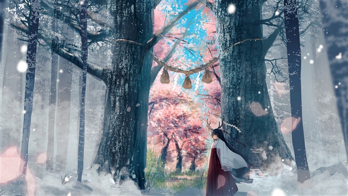 Girl with Black Hair in Snowy Forest with Cherry Blossoms