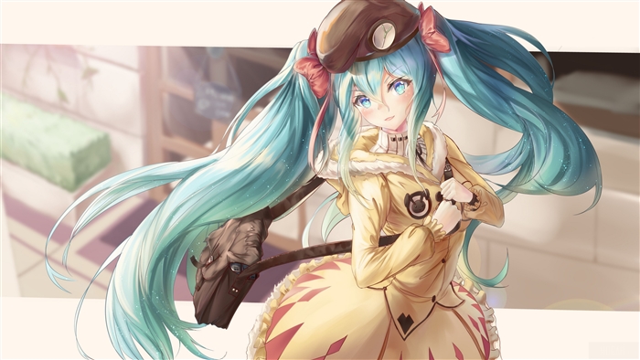 Hatsune Miku from Vocaloid wearing a yellow coat and hat
